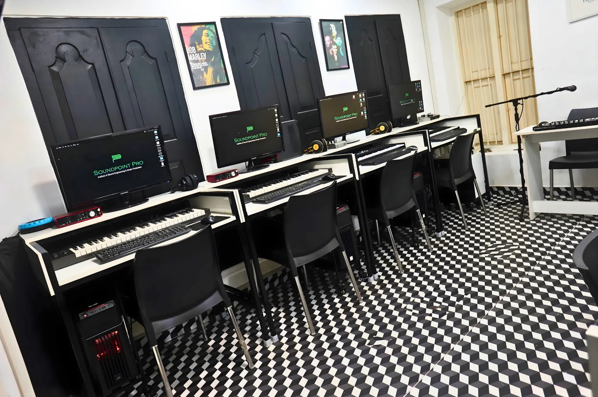 Music production workstation with monitor speakers